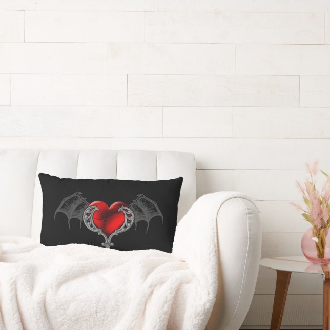 Goth Heart with Bat Wings Throw Pillow (Couch)
