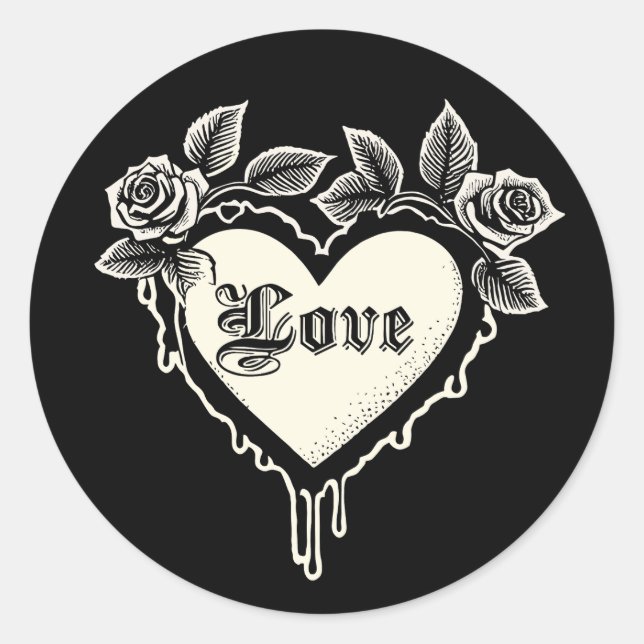 Goth Heart with Roses and Drips Classic Round Sticker (Front)
