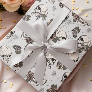 Goth Light Grey Skull and Flowers Halloween Wrapping Paper