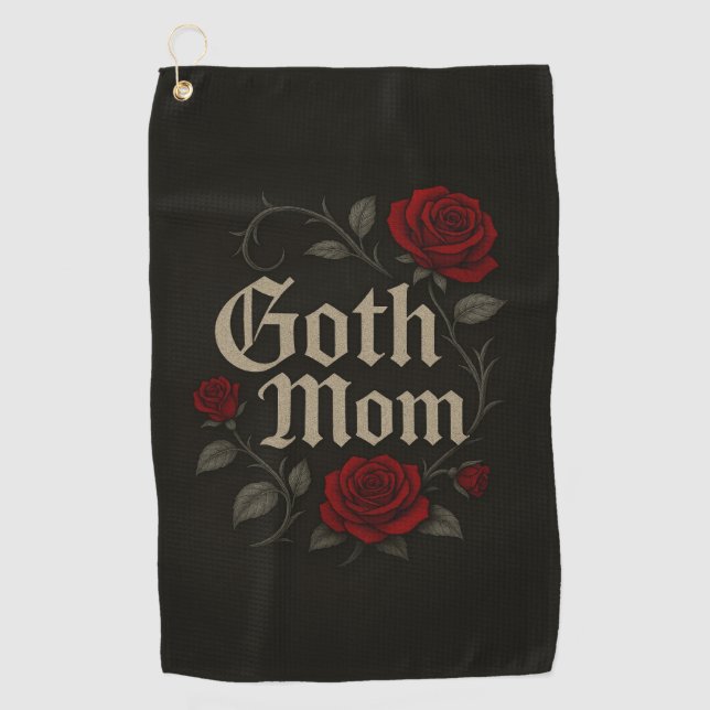 Goth Mom Red Rose Floral Victorian Gold Typography Golf Towel (Front)