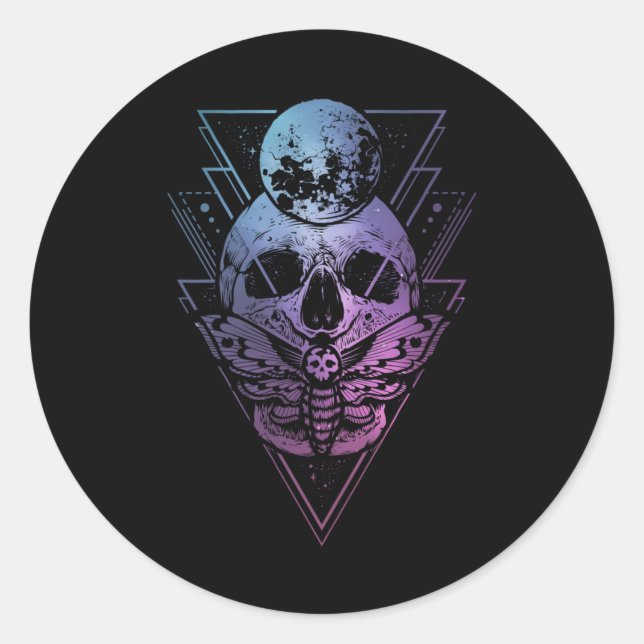 Goth Moon Skull Gothic Wicca Crescent Lunar Moth Classic Round Sticker (Front)