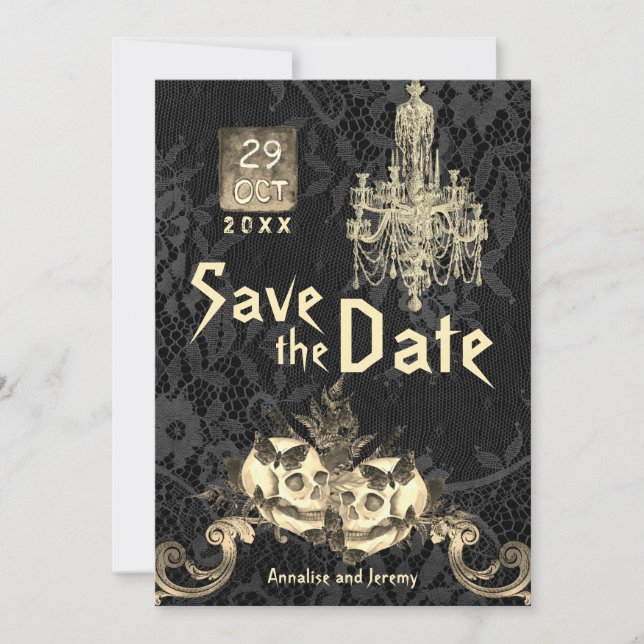 Goth October Skeleton Halloween Wedding Save The Date (Front)