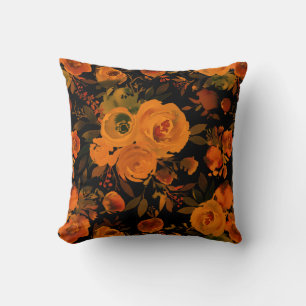 Goth Orange and Black Floral Throw Pillow