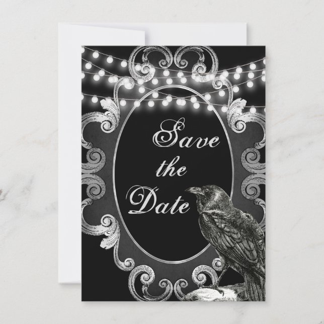 Goth Ornate Frame, Crow and Lights Gothic Wedding Save The Date (Front)
