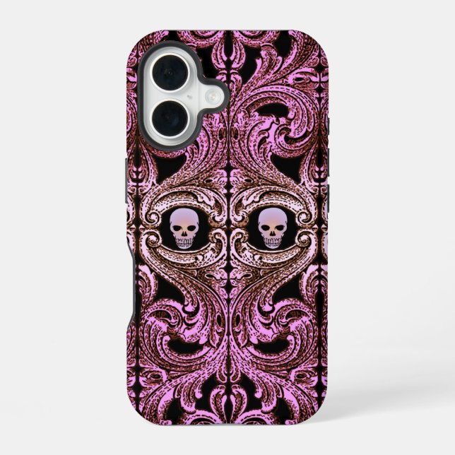 Goth Pink Ornament with Skull  iPhone 16 Case (Back)