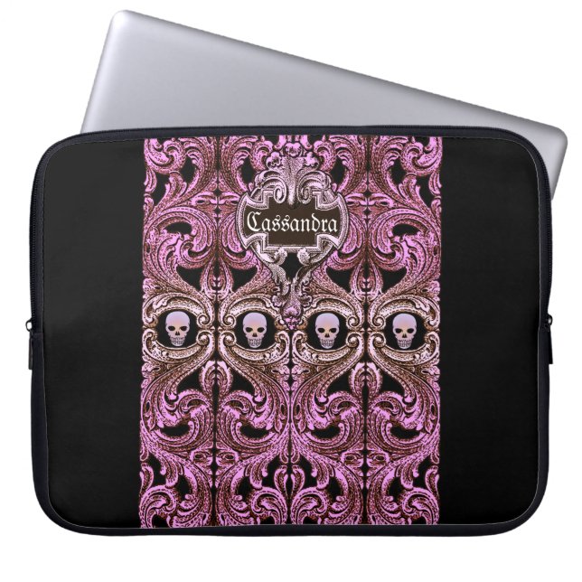 Goth Pink Ornament with Skull Personalized Laptop Sleeve (Front)