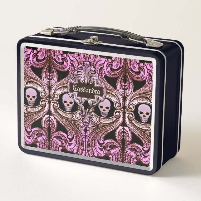 Goth Pink Ornament with Skull Personalized Metal Lunch Box (Front)
