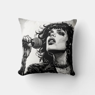 Goth Punk Girl Singer 50s Graphic Retro Comics BW Throw Pillow