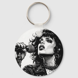 Goth Punk Girl Singer Retro Graphic Art Style Keychain