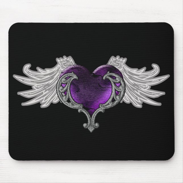 Goth Purple Heart with Angel Wings Mousepad (Front)