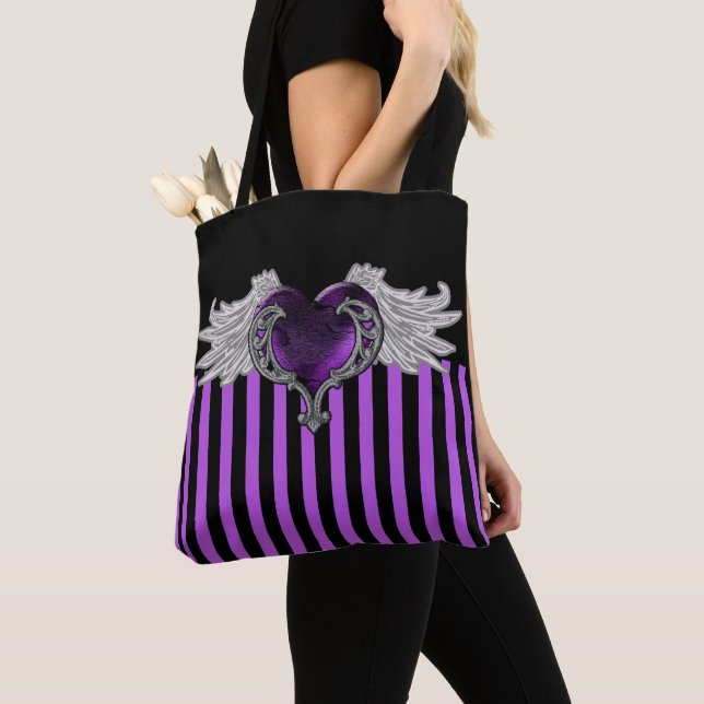 Goth Purple Heart with Angel Wings Tote Bag (Close Up)