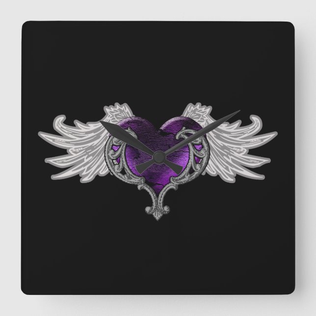 Goth Purple Heart with Angel Wings Wall Clock (Front)
