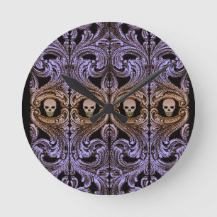Goth Purple Ornament and Skull Round Clock