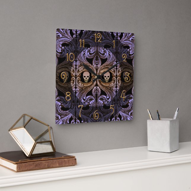 Goth Purple Ornament and Skull  Square Wall Clock (Office)