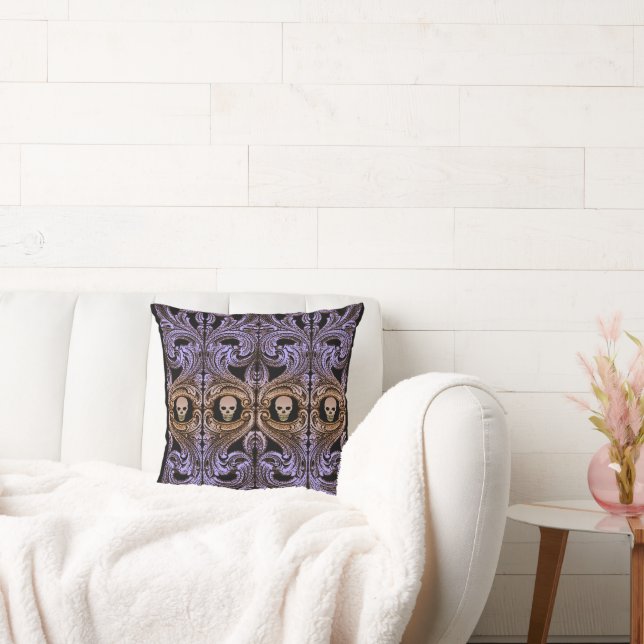 Goth Purple Ornament and Skull Throw Pillow (Couch)