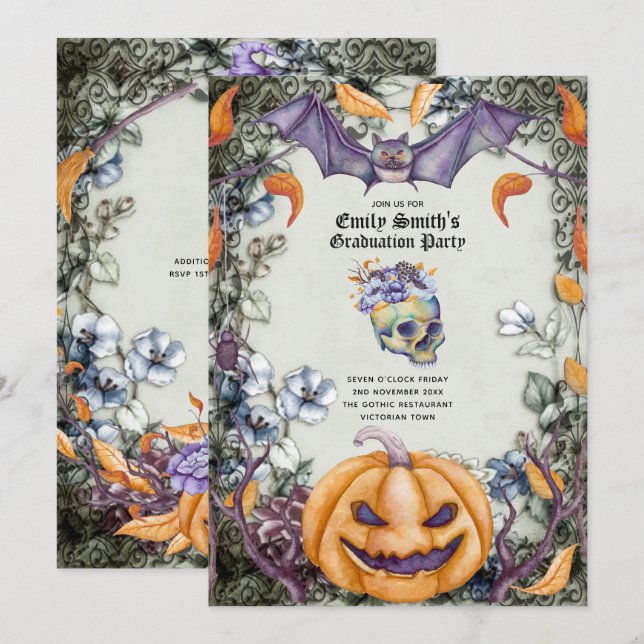 Goth Purple Skulls Halloween/Muertos Graduation Invitation (Front/Back)