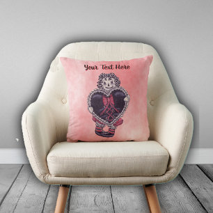 Goth Rag Doll Holding Black Heart on Shades Pink Throw Pillow