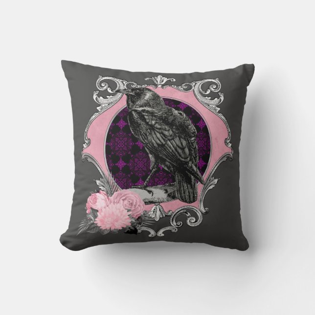 Goth Raven Rose Frame Throw Pillow (Front)