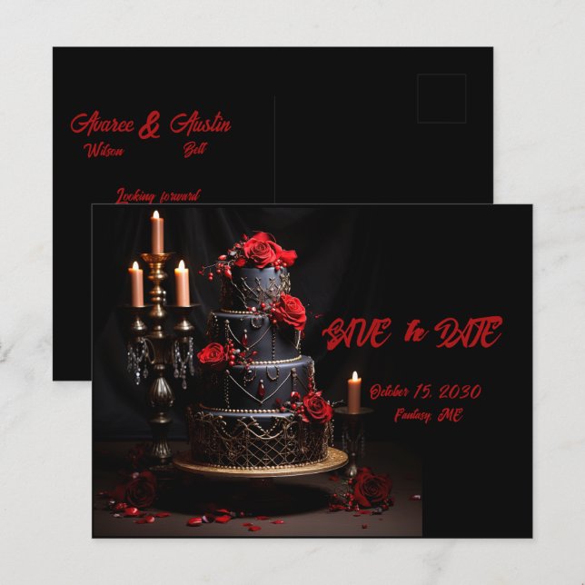 Goth Red Black Roses Wedding Cake Save the date Postcard (Front/Back)