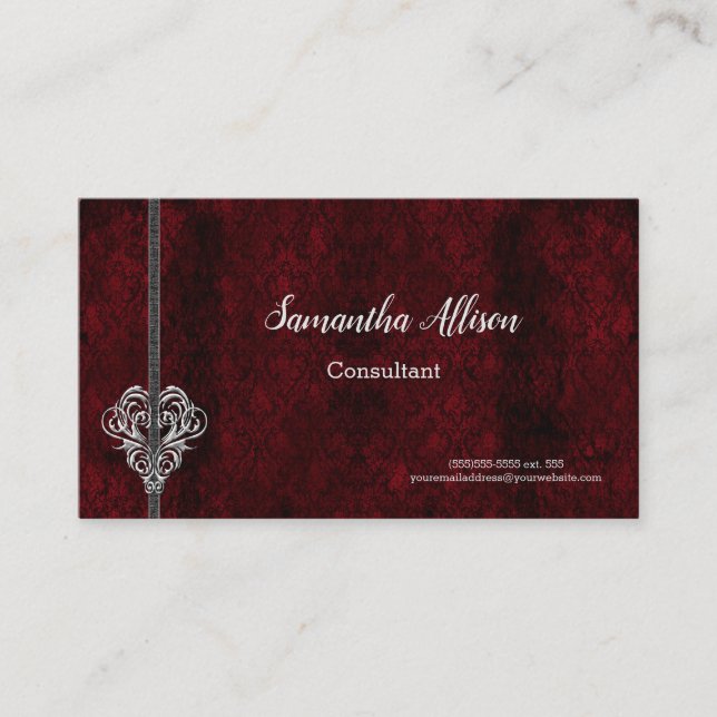 Goth Red Damask Silver Heart Business Card (Front)