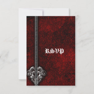 Goth Red Damask Silver Heart Marriage RSVP Custom