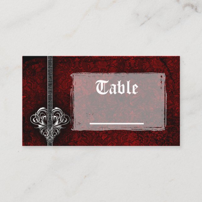 Goth Red Damask Silver Heart Reception Table Cards (Front)