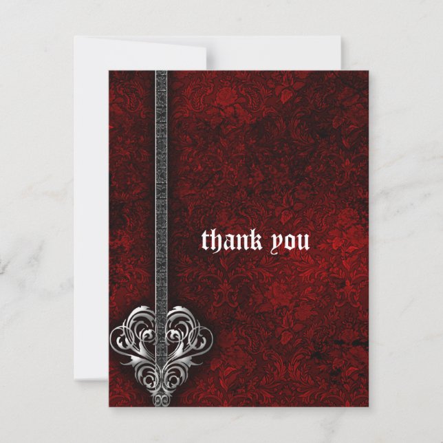 Goth Red Damask Silver Heart wedding Thank You (Front)
