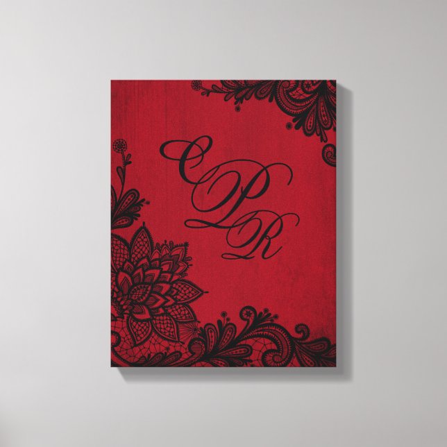 Goth Red Grunge Black Lace Wedding Monogram Canvas Print (Front)