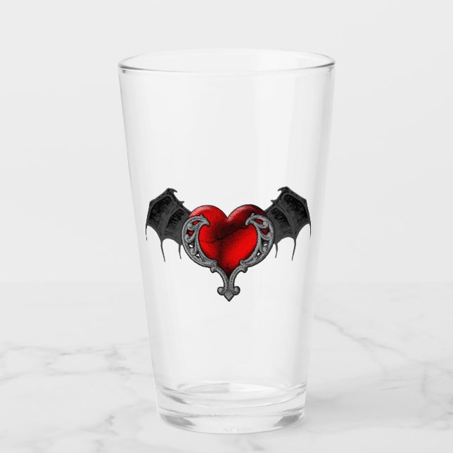 Goth Red Heart with Bat Wings Glass Cup (Front)