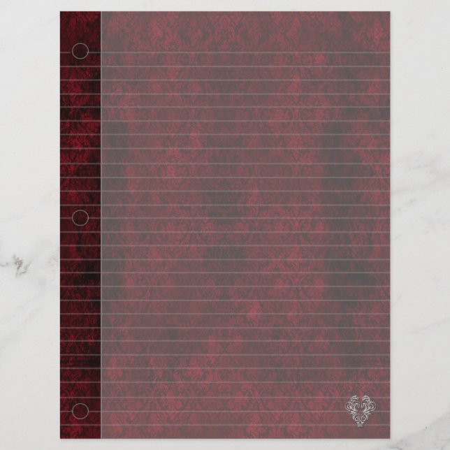 Goth Red Silver Heart Damask Notebook Paper (Front)