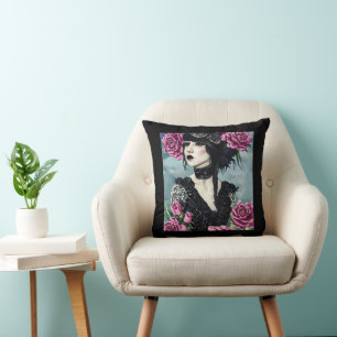 Goth Rose Girl Original art Digital painting Throw Pillow