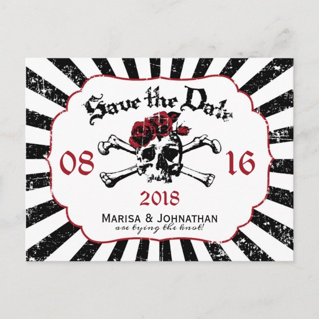 Goth Rose Skull Grunge Pirate Save the Date Announcement Postcard (Front)