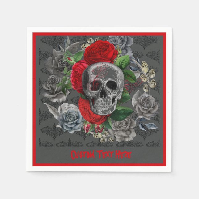 Goth Skeleton Red Roses Gothic Skull Personalized Napkin (Front)