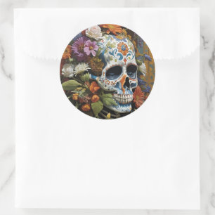 Goth Skull and Flowers Day of the Dead Classic Round Sticker