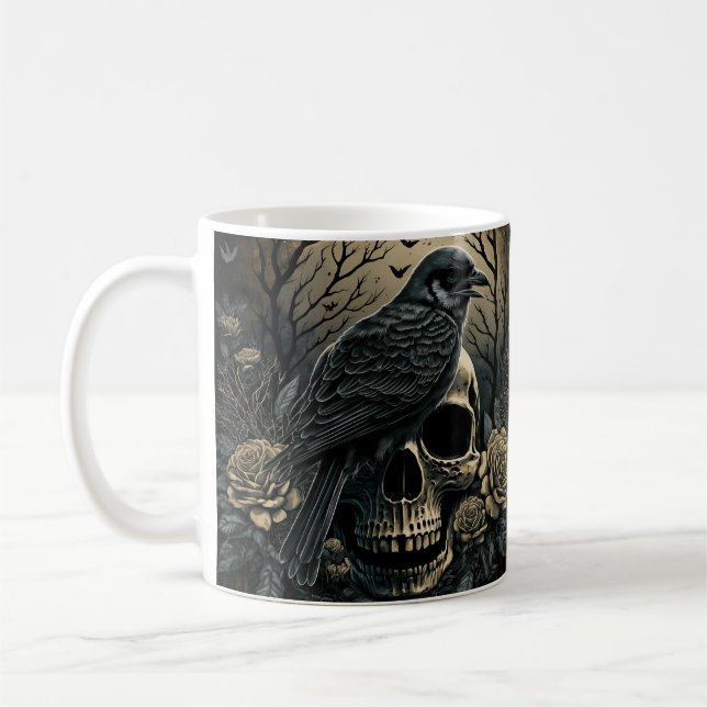 Goth Skull Art with Raven Design Coffee Mug (Left)