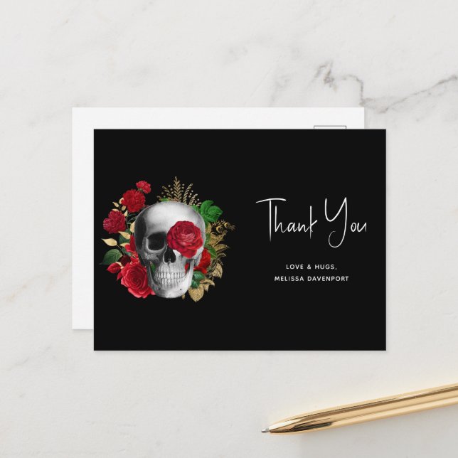 Goth Skull Red Flowers & Gold Leaves - Thank You Postcard (Front/Back In Situ)