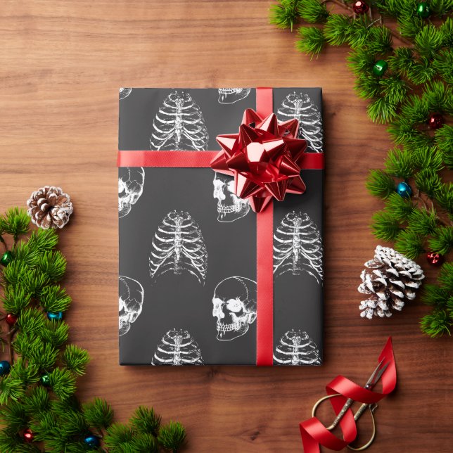Goth Skull skeleton black wrapping paper  (Holiday Gift)