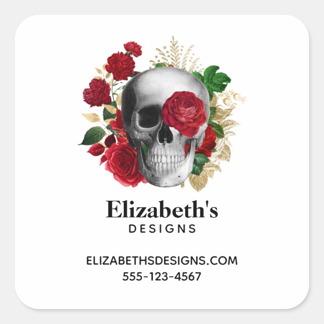 Goth Skull with Red Flowers Business Square Sticker (Front)