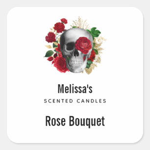 Goth Skull with Red Flowers Candle Biz Square Sticker