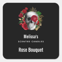 Goth Skull with Red Flowers Candle Biz Square