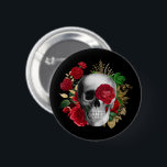 Goth Skull with Red Flowers & Gold Leaves 2 Inch Round Button<br><div class="desc">Button with a goth style illustration.  
Beautiful red roses and gold leaves surrounding a black and white skull.</div>