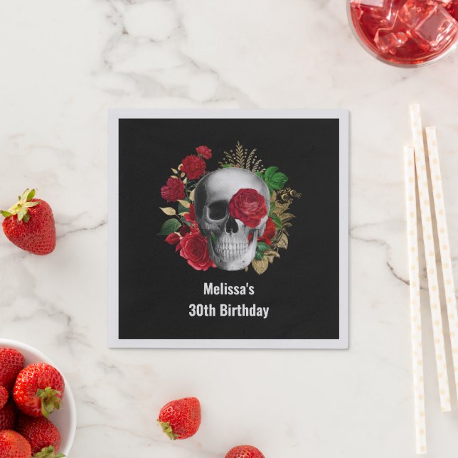 Goth Skull with Red Flowers & Gold Leaves Birthday Napkin (Insitu)