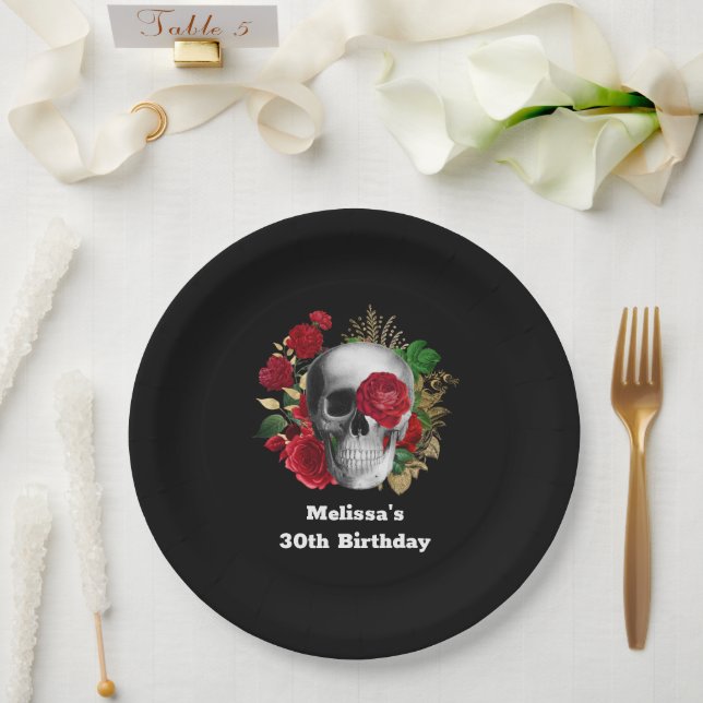 Goth Skull with Red Flowers & Gold Leaves Birthday Paper Plate (Wedding)