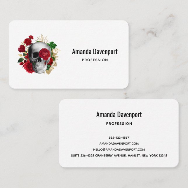 Goth Skull with Red Flowers & Gold Leaves Business Card (Front/Back)