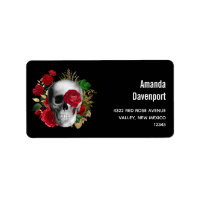 Goth Skull with Red Flowers & Gold Leaves