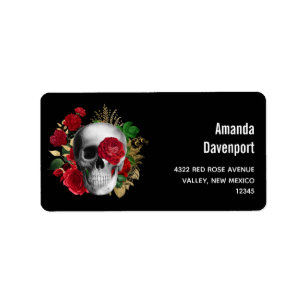 Goth Skull with Red Flowers & Gold Leaves Label