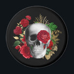 Goth Skull with Red Flowers & Gold Leaves Magnet<br><div class="desc">A magnet with a goth style illustration.  
Beautiful red roses and gold leaves surrounding a black and white skull.</div>