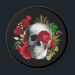 Goth Skull with Red Flowers & Gold Leaves Magnet<br><div class="desc">A magnet with a goth style illustration.  
Beautiful red roses and gold leaves surrounding a black and white skull.</div>