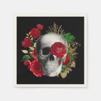 Goth Skull with Red Flowers & Gold Leaves