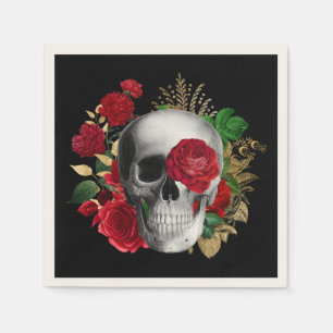 Goth Skull with Red Flowers & Gold Leaves Napkin